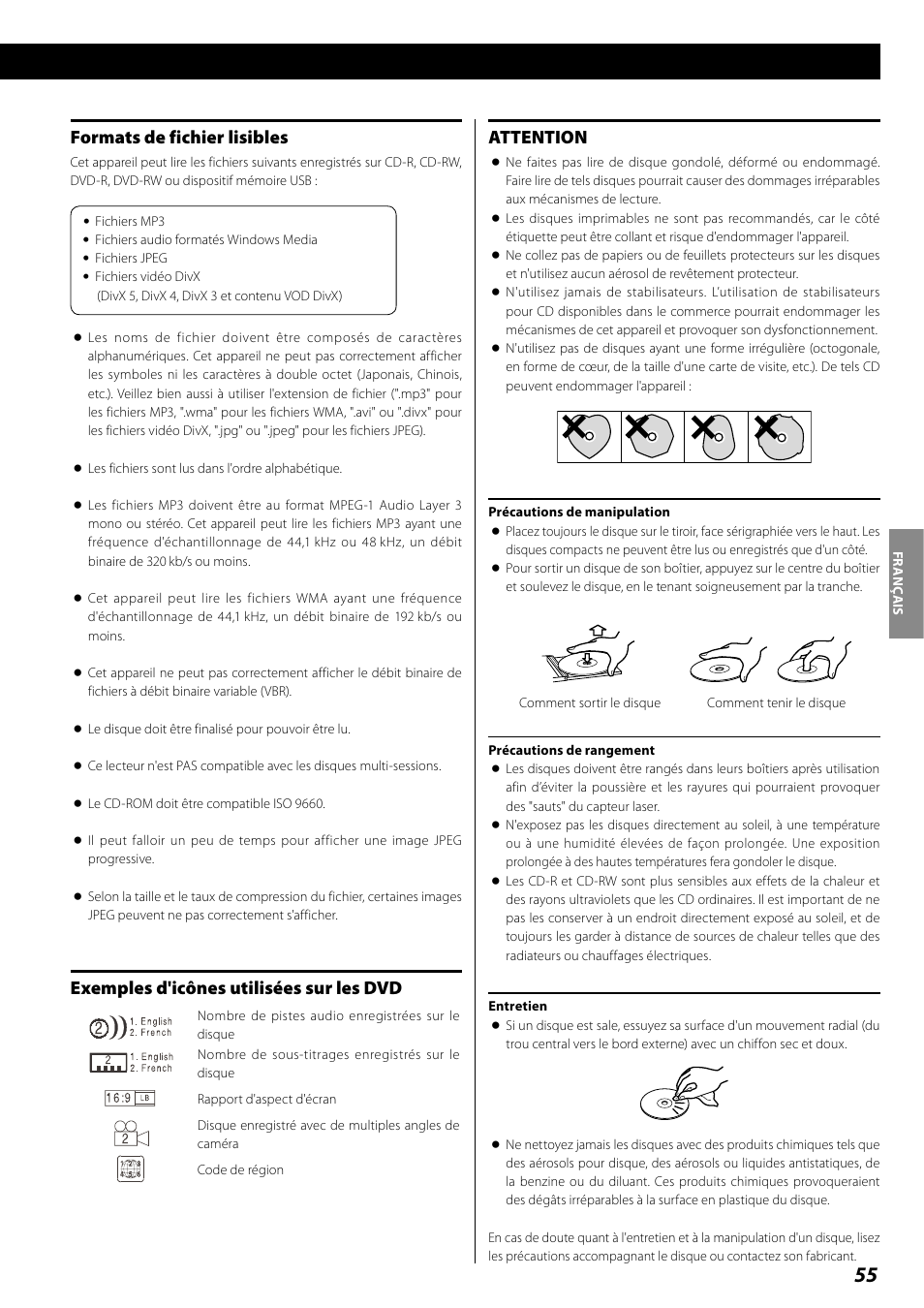 Formats de fichier lisibles, Exemples d'icônes utilisées sur les dvd, Attention | Teac DR H338i User Manual | Page 55 / 148