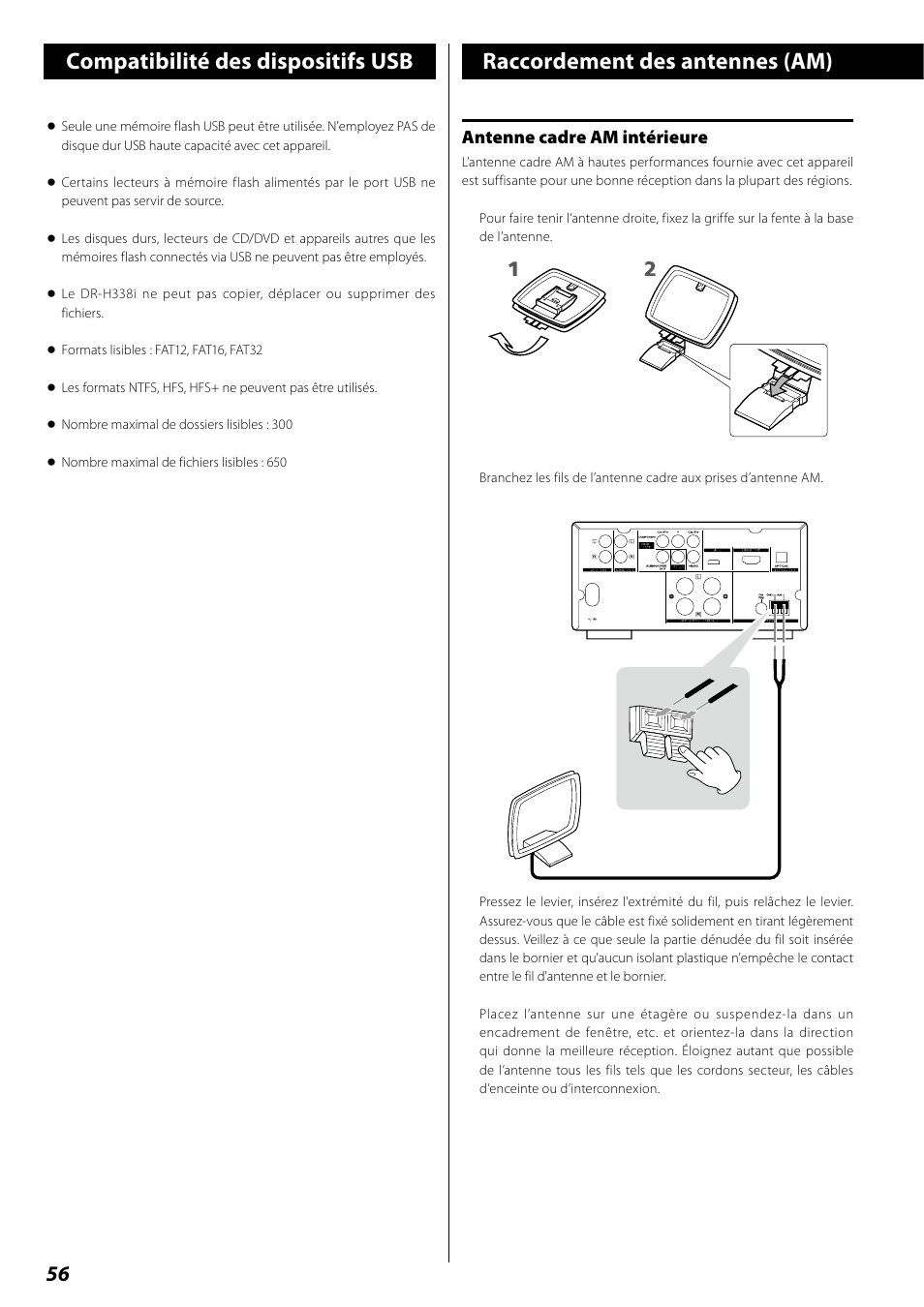 Compatibilité des dispositifs usb, Raccordement des antennes (am) | Teac DR H338i User Manual | Page 56 / 148