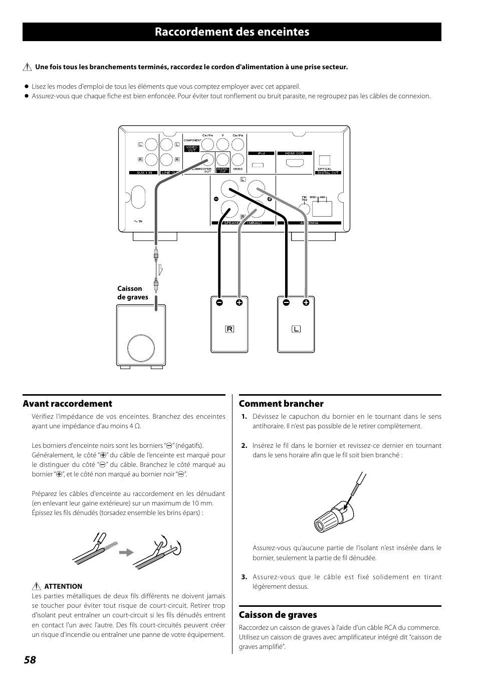 Raccordement des enceintes, Avant raccordement, Comment brancher | Caisson de graves | Teac DR H338i User Manual | Page 58 / 148