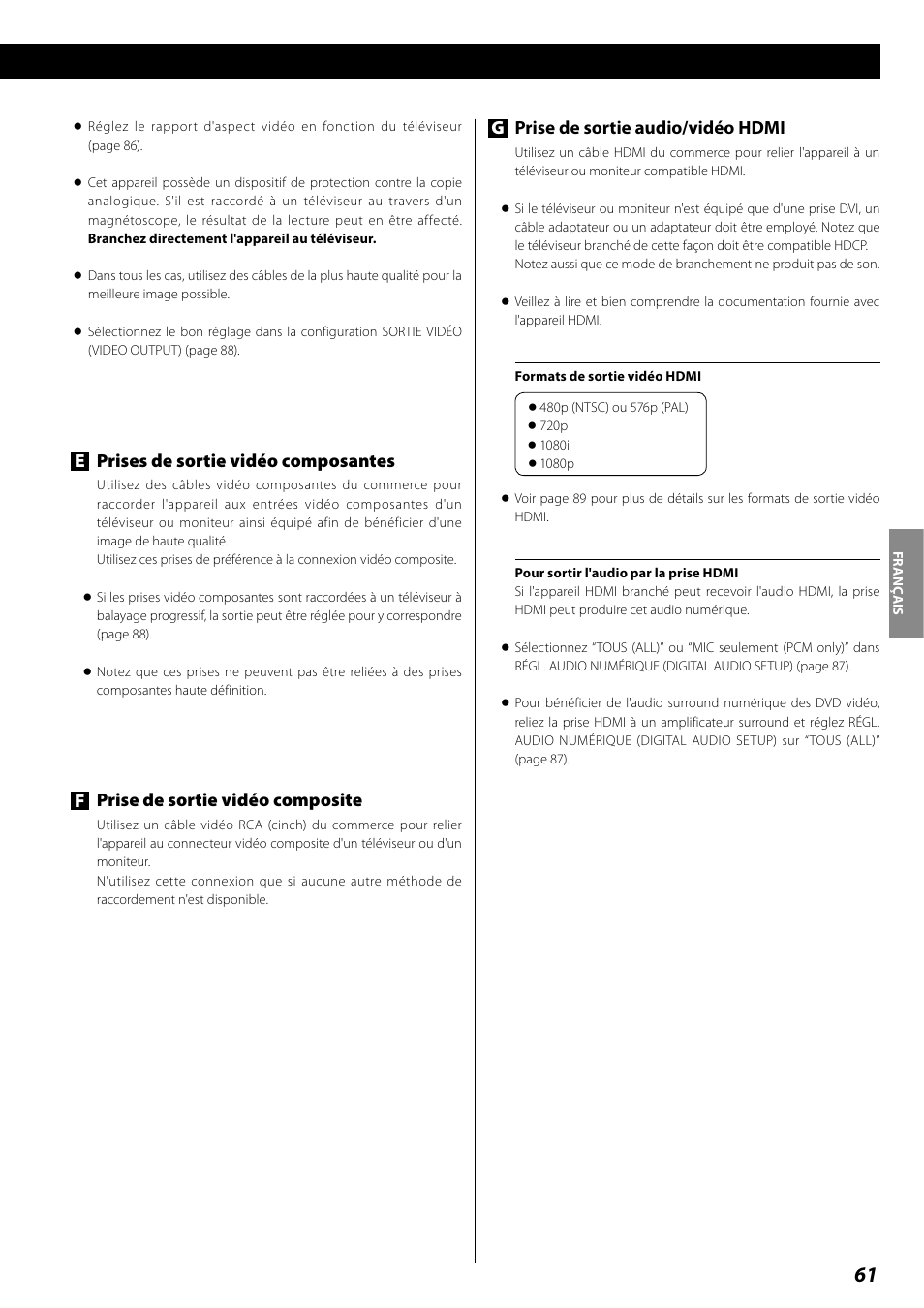 Identification des parties (unité principale), Gprise de sortie audio/vidéo hdmi, Eprises de sortie vidéo composantes | Fprise de sortie vidéo composite | Teac DR H338i User Manual | Page 61 / 148