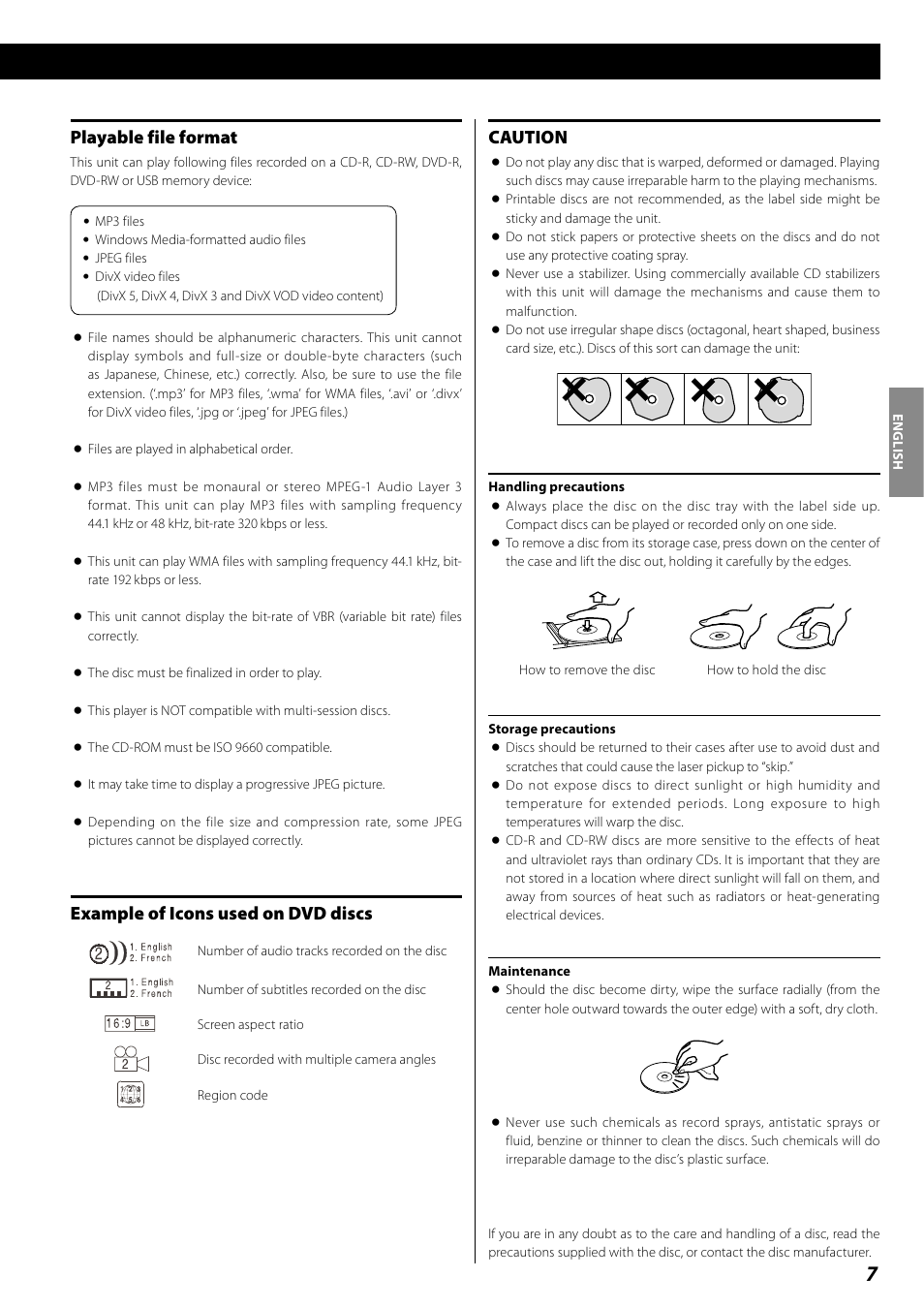 Playable file format, Example of icons used on dvd discs, Caution | Teac DR H338i User Manual | Page 7 / 148