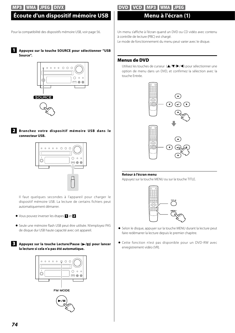 Écoute d'un dispositif mémoire usb, Menu à l'écran | Teac DR H338i User Manual | Page 74 / 148