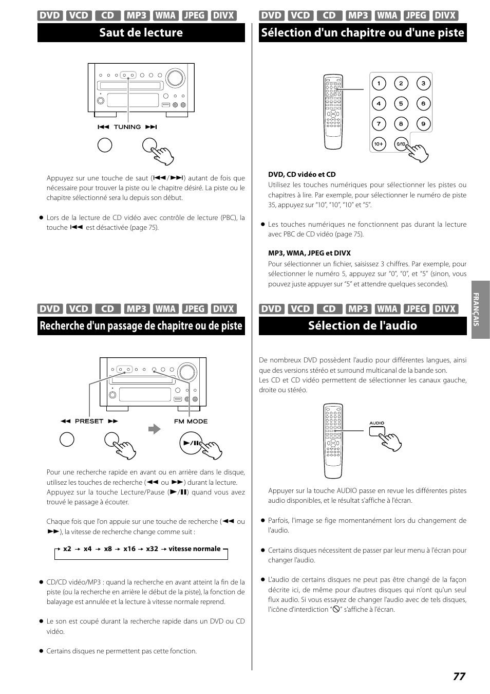 Saut de lecture, Recherche d'un passage de chapitre ou de piste, Sélection d'un chapitre ou d'une piste | Sélection de l'audio | Teac DR H338i User Manual | Page 77 / 148