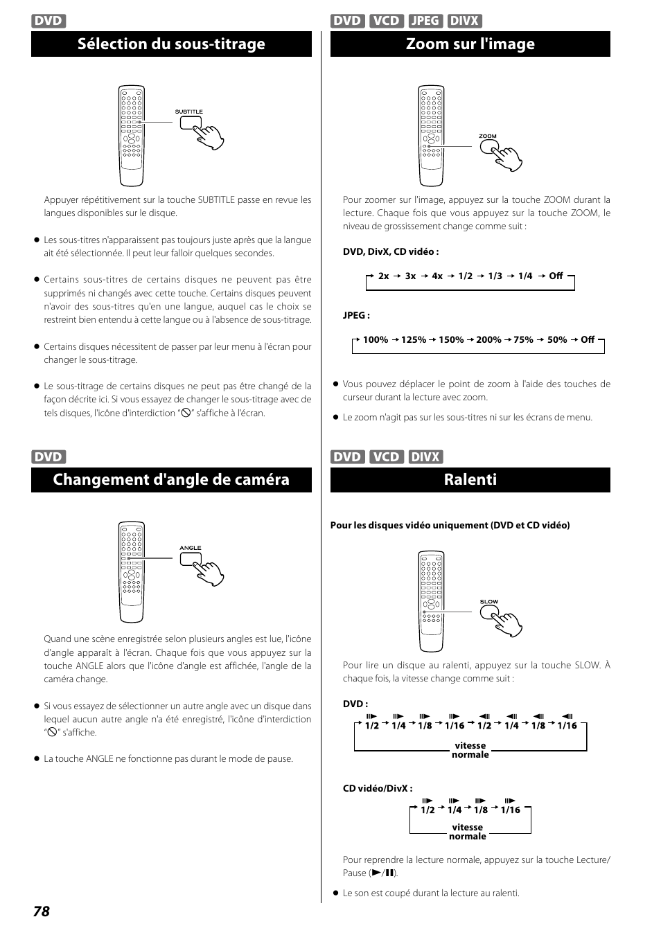 Sélection du sous-titrage, Changement d'angle de caméra, Zoom sur l'image | Ralenti | Teac DR H338i User Manual | Page 78 / 148