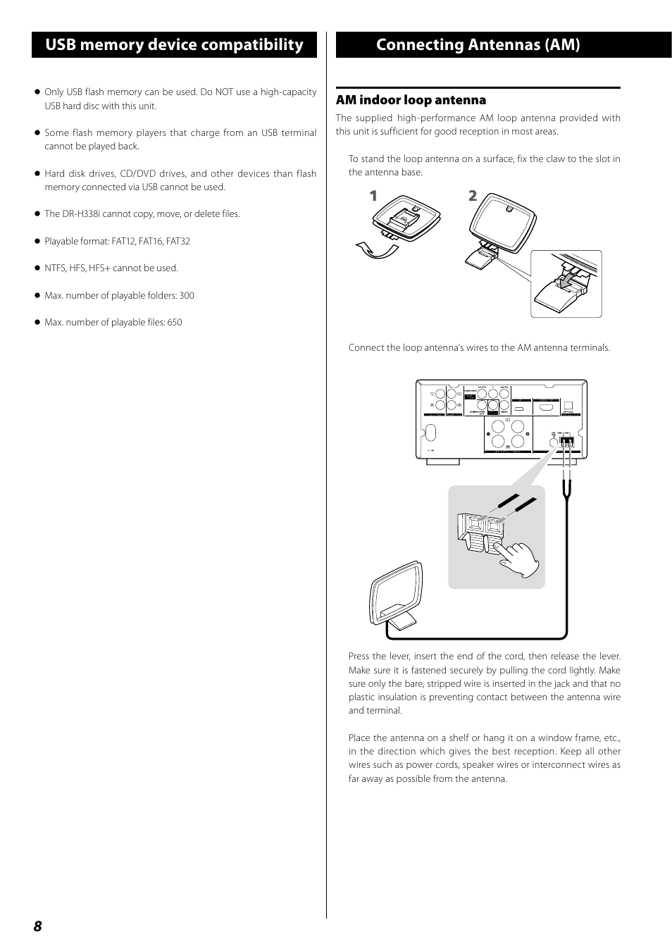 Usb memory device compatibility, Connecting antennas (am), Am indoor loop antenna | Teac DR H338i User Manual | Page 8 / 148