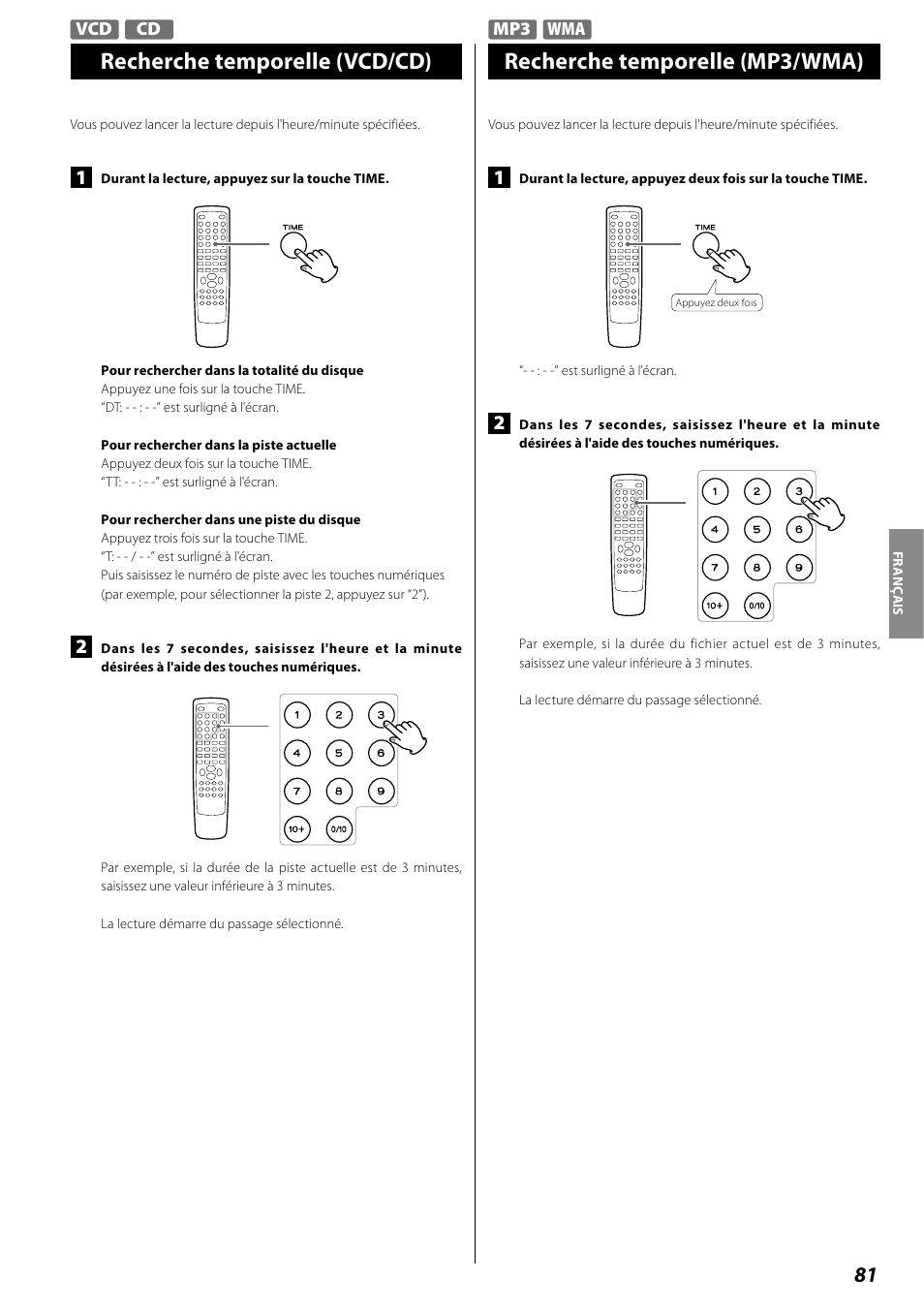 Recherche temporelle (vcd/cd), Recherche temporelle (mp3/wma) | Teac DR H338i User Manual | Page 81 / 148