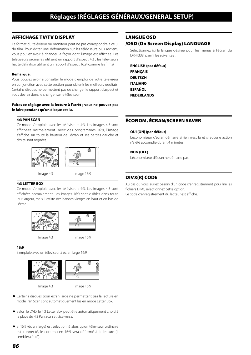 Réglages (réglages généraux/general setup), Affichage tv/tv display, Langue osd /osd (on screen display) language | Économ. écran/screen saver, Divx(r) code | Teac DR H338i User Manual | Page 86 / 148