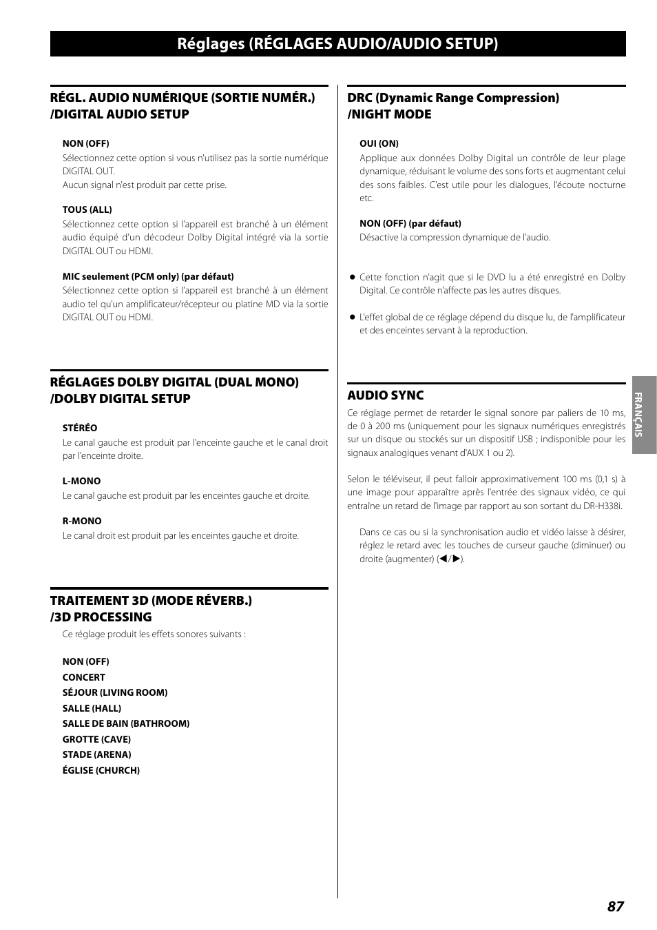 Réglages (réglages audio/audio setup), Réglages (réglages vidéo/video setup) | Teac DR H338i User Manual | Page 87 / 148