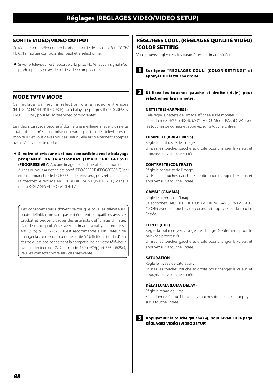 Réglages (préférences/preference), Réglages (réglages vidéo/video setup) | Teac DR H338i User Manual | Page 88 / 148