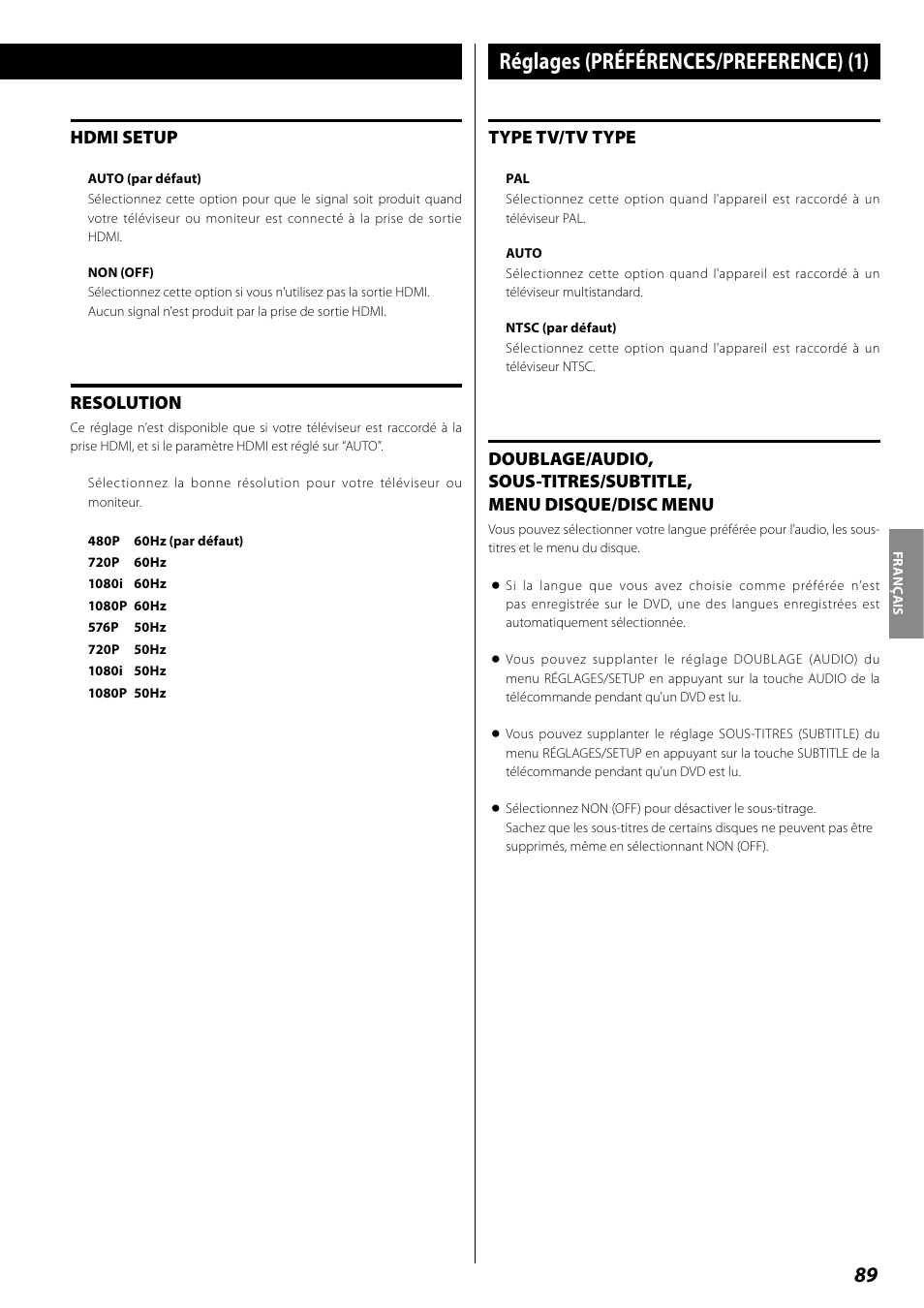 Réglages (préférences/preference) (1) | Teac DR H338i User Manual | Page 89 / 148