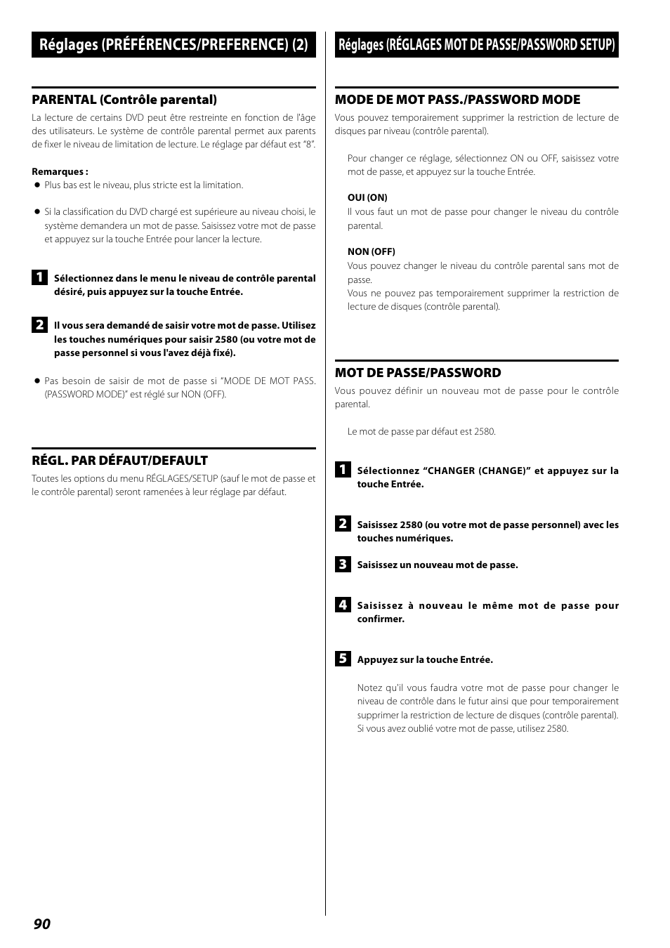 Réglages (réglages mot de passe/password setup), Réglages (préférences/preference) (2) | Teac DR H338i User Manual | Page 90 / 148