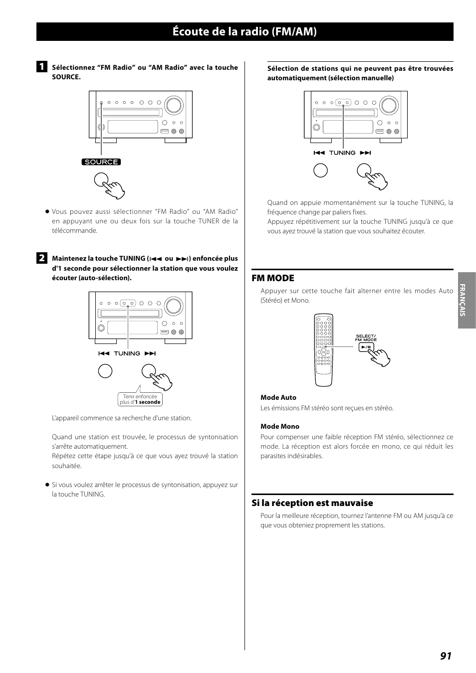 Écoute de la radio (fm/am), Syntonisation préréglée ou preset (fm/am), Fm mode | Si la réception est mauvaise | Teac DR H338i User Manual | Page 91 / 148