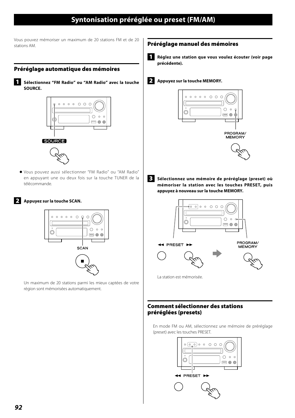 Écoute d'une source externe, Syntonisation préréglée ou preset (fm/am) | Teac DR H338i User Manual | Page 92 / 148