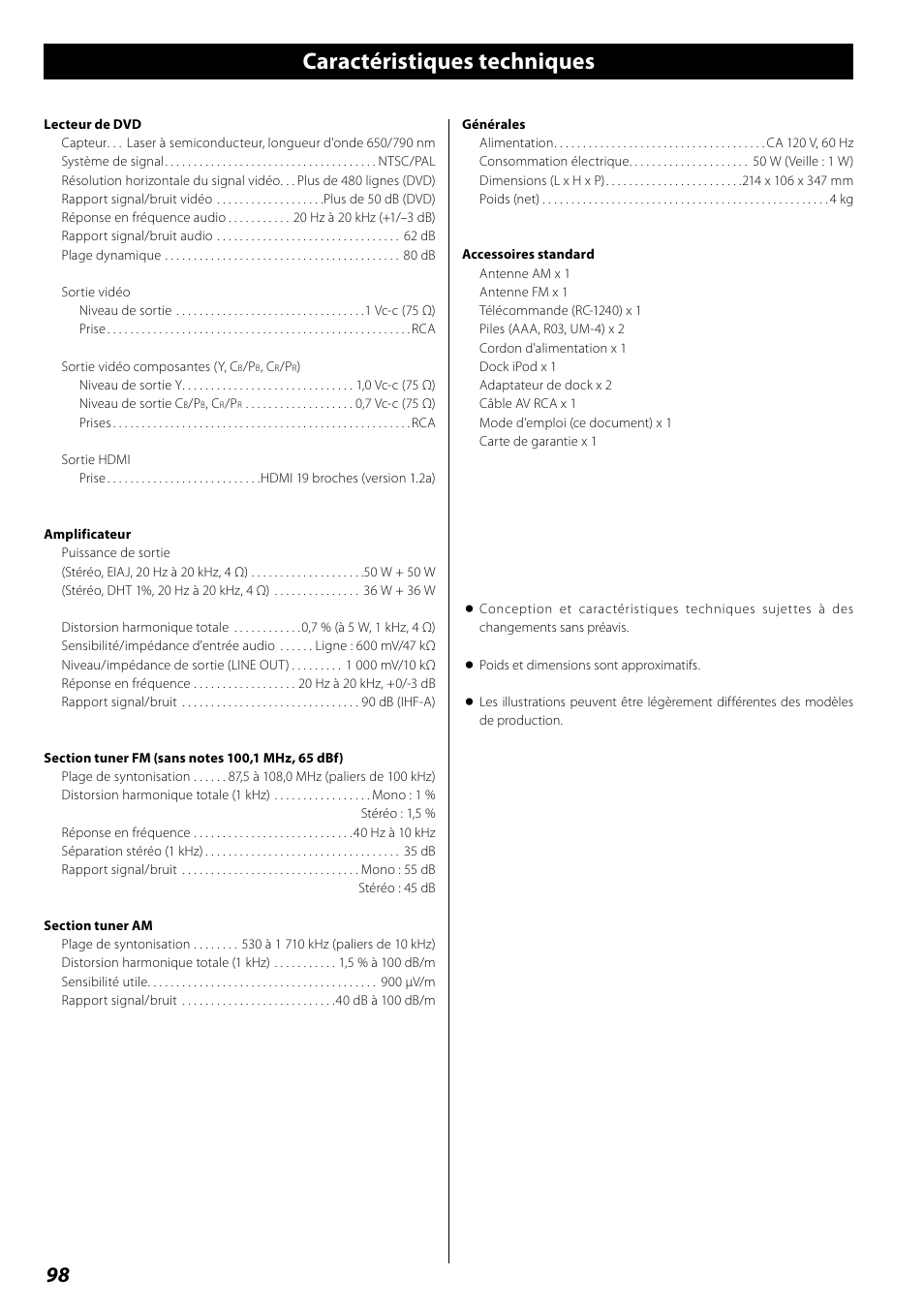 Caractéristiques techniques | Teac DR H338i User Manual | Page 98 / 148