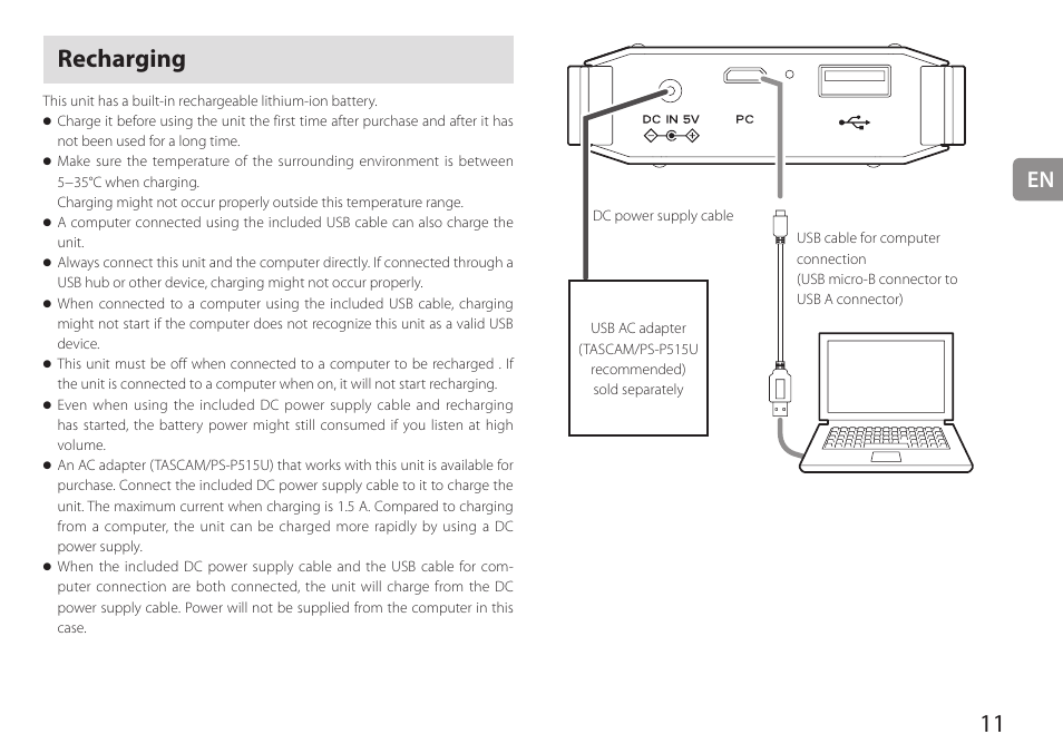 Recharging | Teac HA-P90SD User Manual | Page 11 / 60