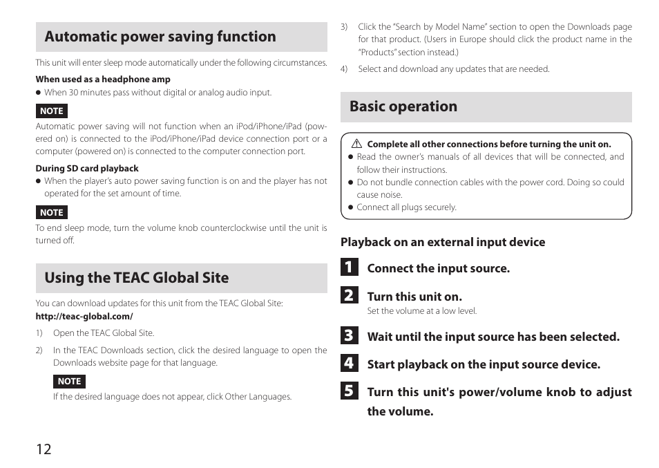 Automatic power saving function, Using the teac global site, Basic operation | 12 automatic power saving function | Teac HA-P90SD User Manual | Page 12 / 60