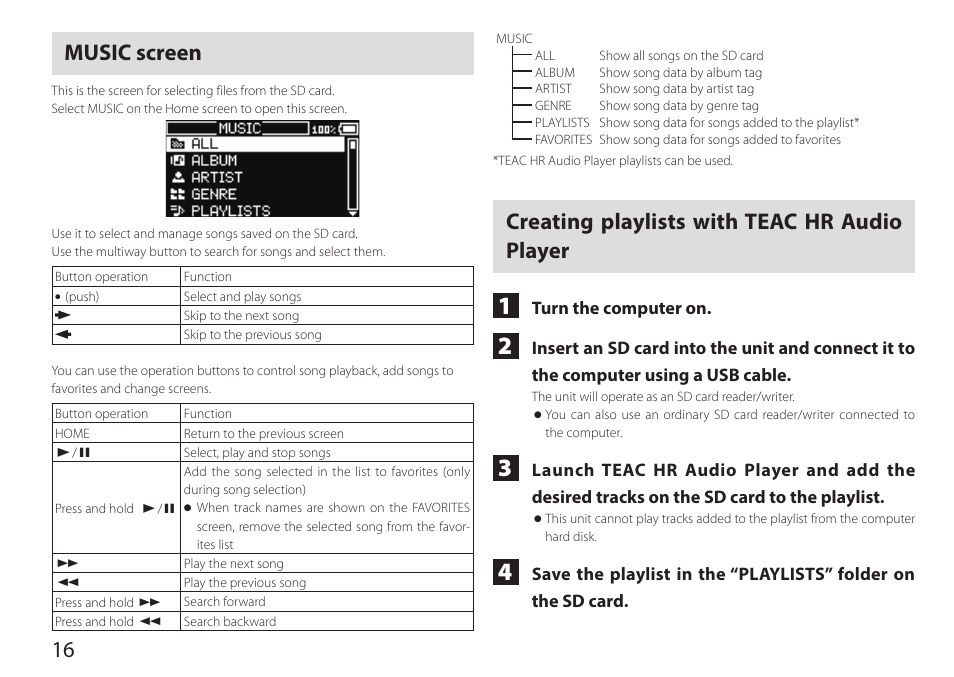 Music screen, Creating playlists with teac hr audio player, 16 music screen | Teac HA-P90SD User Manual | Page 16 / 60