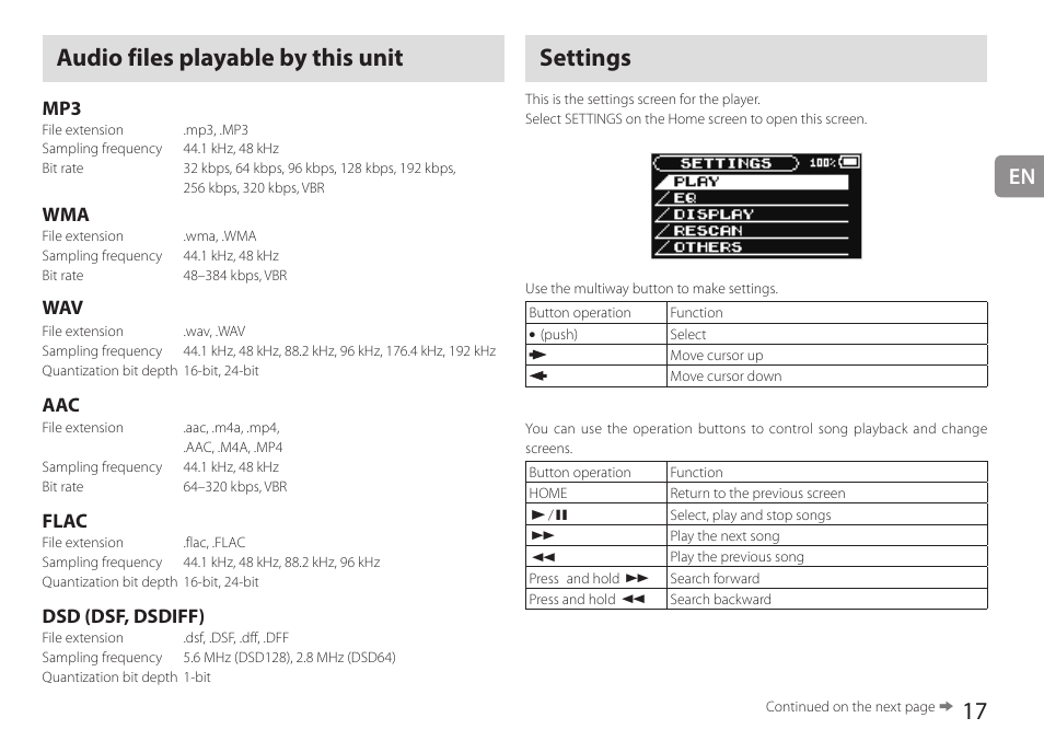 Audio files playable by this unit, Settings, Audio files playable by this unit settings | Flac, Dsd (dsf, dsdiff) | Teac HA-P90SD User Manual | Page 17 / 60