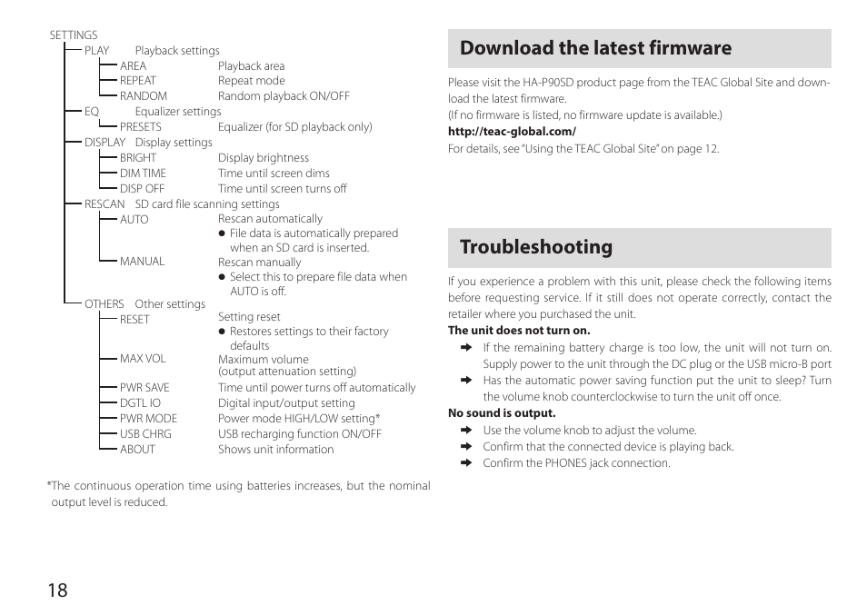 Download the latest firmware, Troubleshooting, Download the latest firmware troubleshooting | Teac HA-P90SD User Manual | Page 18 / 60