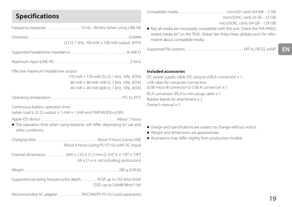 Specifications | Teac HA-P90SD User Manual | Page 19 / 60