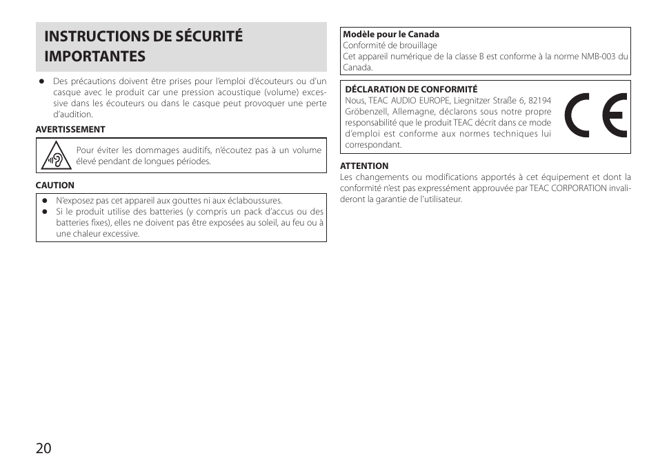 Français, Instructions de sécurité importantes, 20 instructions de sécurité importantes | Teac HA-P90SD User Manual | Page 20 / 60