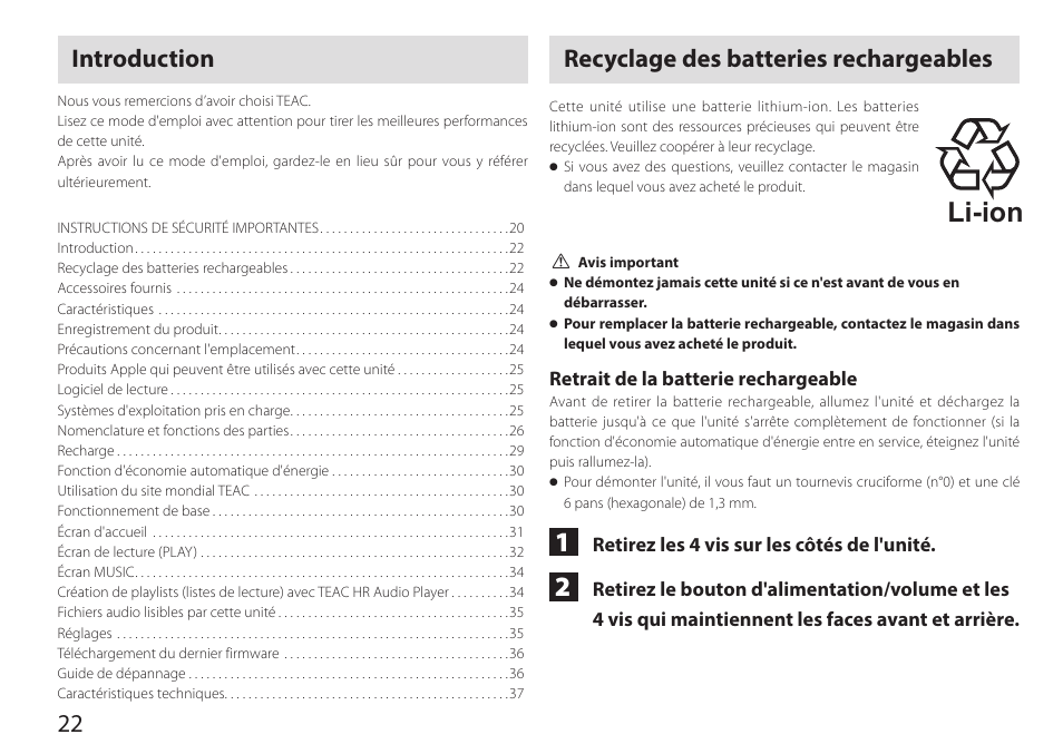 Introduction, Recyclage des batteries rechargeables, Li-ion | 22 recyclage des batteries rechargeables | Teac HA-P90SD User Manual | Page 22 / 60