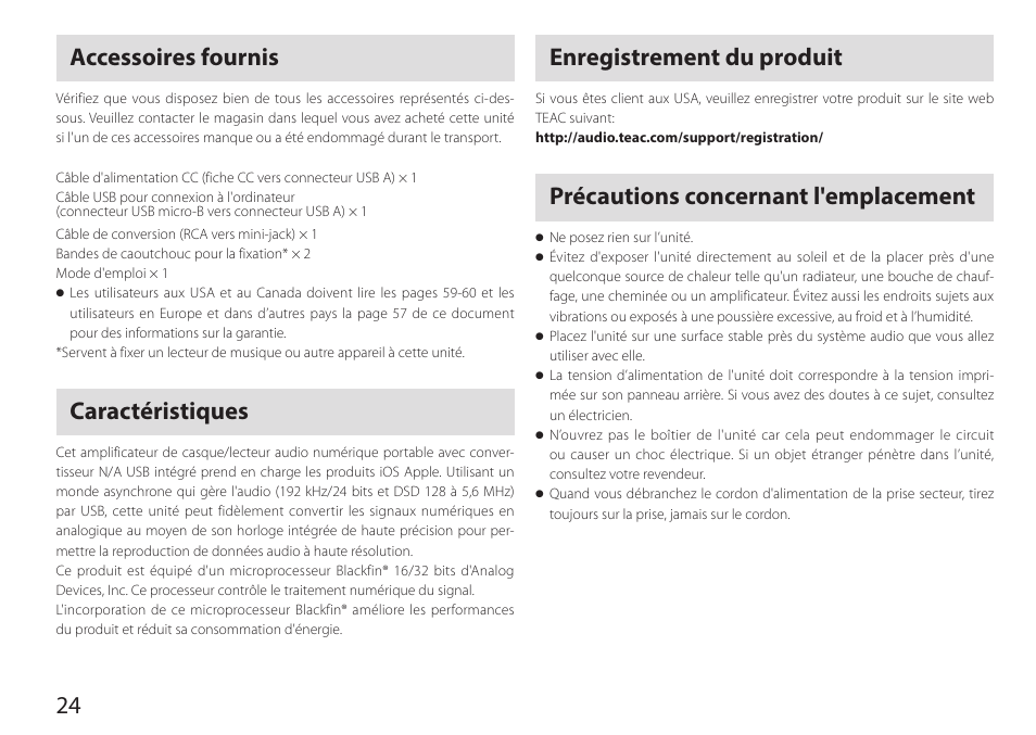 Accessoires fournis, Caractéristiques, Enregistrement du produit | Précautions concernant l'emplacement, 24 enregistrement du produit | Teac HA-P90SD User Manual | Page 24 / 60