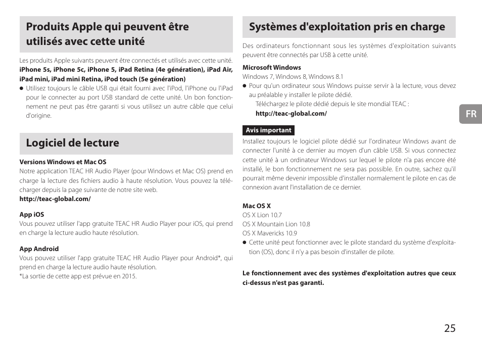 Logiciel de lecture, Systèmes d'exploitation pris en charge | Teac HA-P90SD User Manual | Page 25 / 60