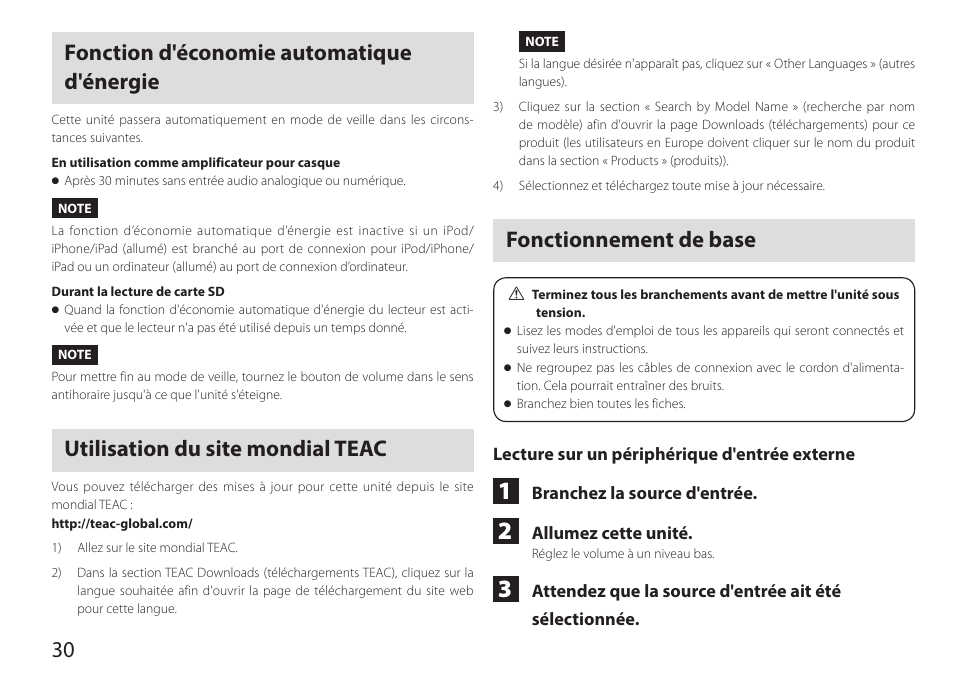 Fonction d'économie automatique d'énergie, Utilisation du site mondial teac, Fonctionnement de base | 30 fonction d'économie automatique d'énergie | Teac HA-P90SD User Manual | Page 30 / 60