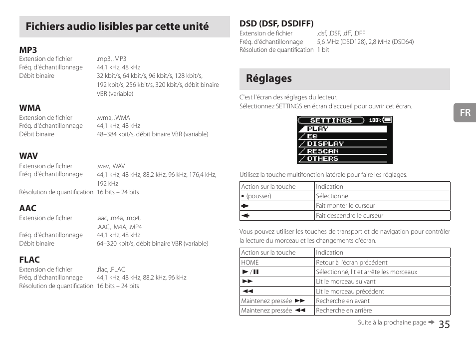 Fichiers audio lisibles par cette unité, Réglages, Fichiers audio lisibles par cette unité réglages | Flac, Dsd (dsf, dsdiff) | Teac HA-P90SD User Manual | Page 35 / 60