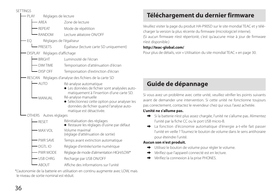 Téléchargement du dernier firmware, Guide de dépannage | Teac HA-P90SD User Manual | Page 36 / 60