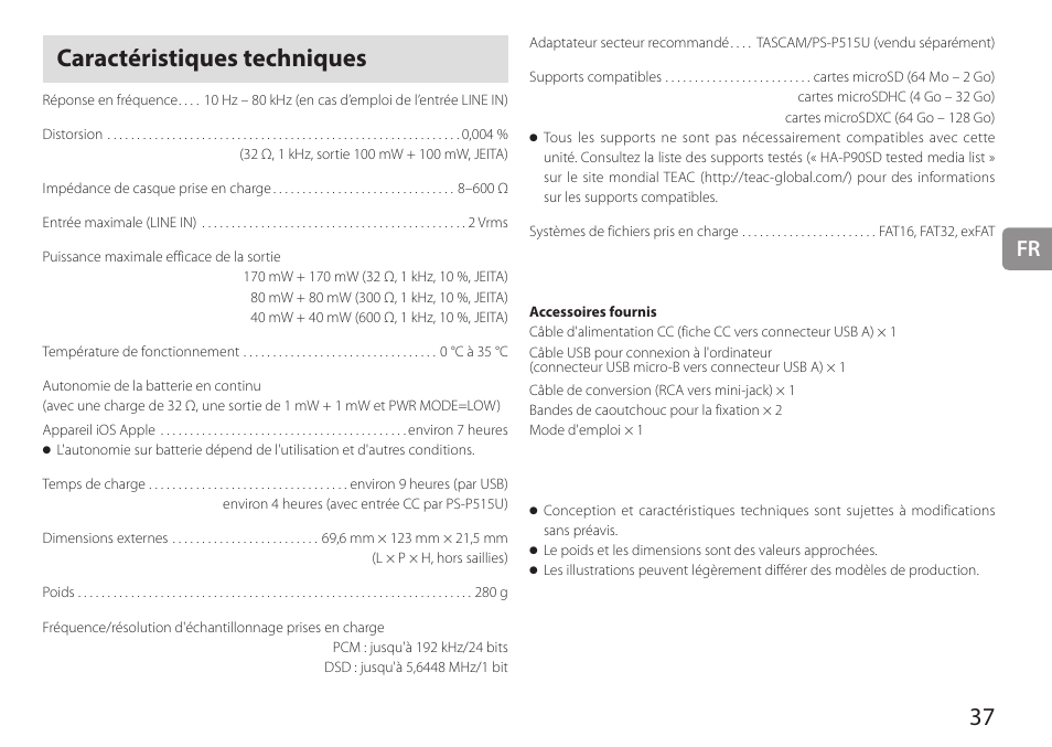 Caractéristiques techniques | Teac HA-P90SD User Manual | Page 37 / 60