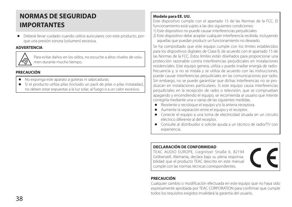 Español, Normas de seguridad importantes, 38 normas de seguridad importantes | Teac HA-P90SD User Manual | Page 38 / 60