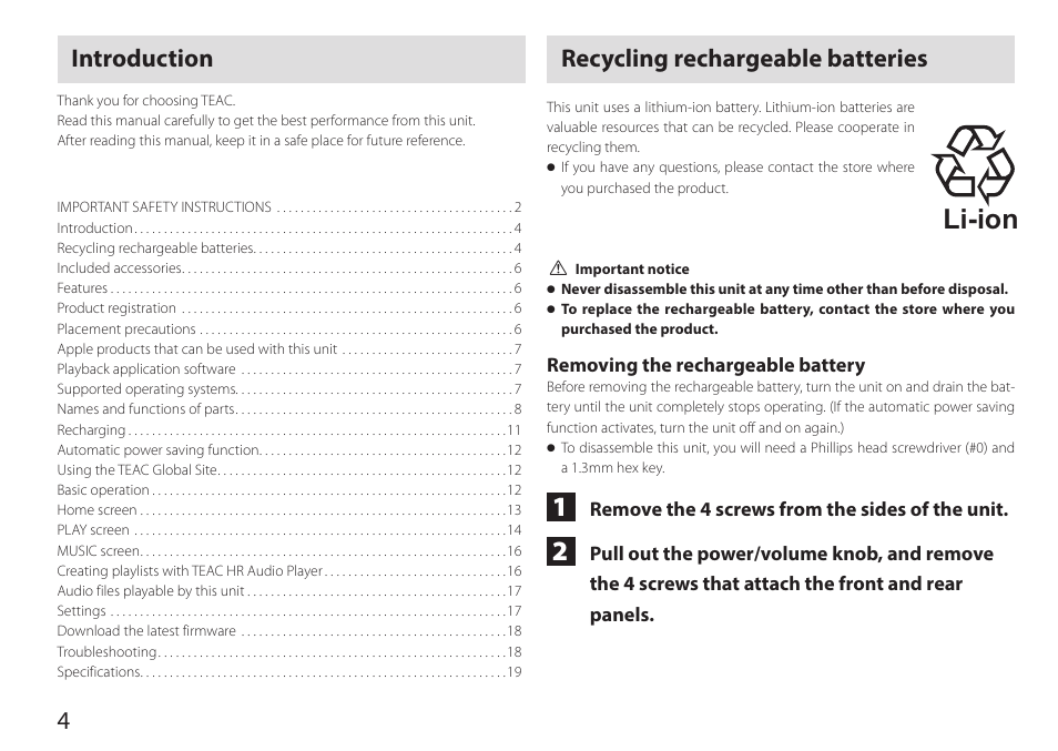 Introduction, Recycling rechargeable batteries, Li-ion | 4recycling rechargeable batteries | Teac HA-P90SD User Manual | Page 4 / 60