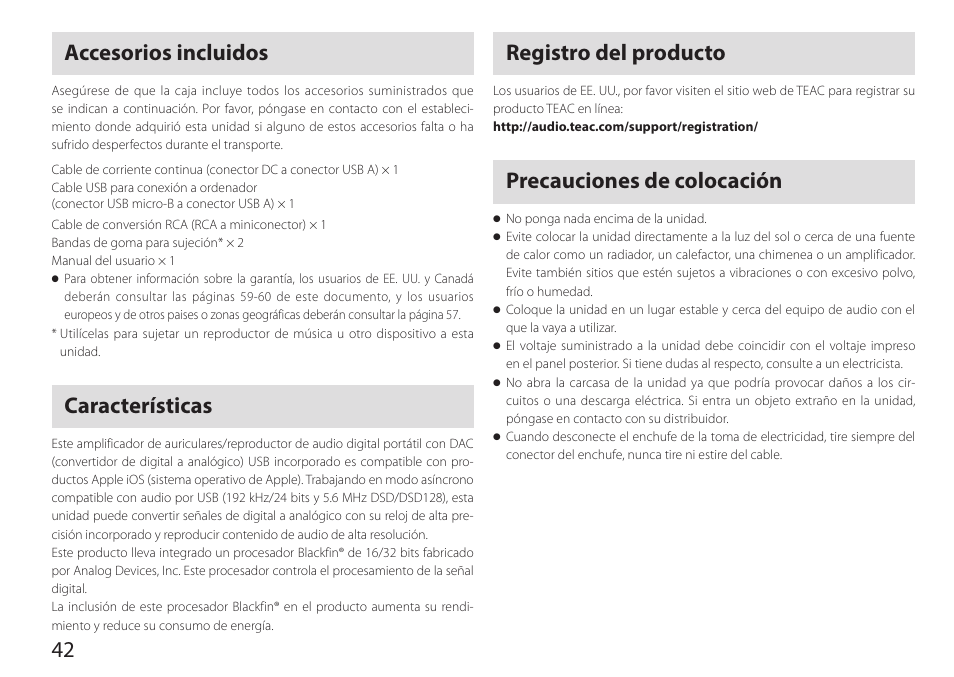 Accesorios incluidos, Características, Registro del producto | Precauciones de colocación, 42 registro del producto | Teac HA-P90SD User Manual | Page 42 / 60