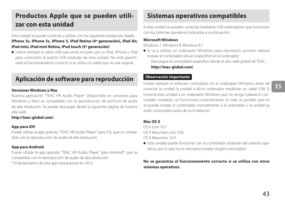 Aplicación de software para reproducción, Sistemas operativos compatibles | Teac HA-P90SD User Manual | Page 43 / 60