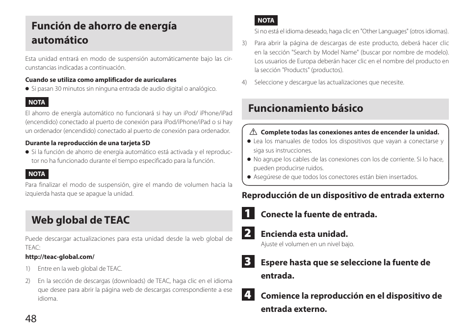 Función de ahorro de energía automático, Web global de teac, Funcionamiento básico | 48 función de ahorro de energía automático | Teac HA-P90SD User Manual | Page 48 / 60