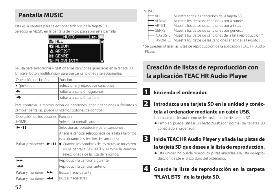 Pantalla music, 52 pantalla music | Teac HA-P90SD User Manual | Page 52 / 60