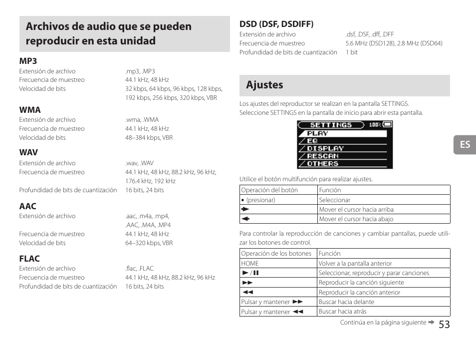 Ajustes, Flac, Dsd (dsf, dsdiff) | Teac HA-P90SD User Manual | Page 53 / 60