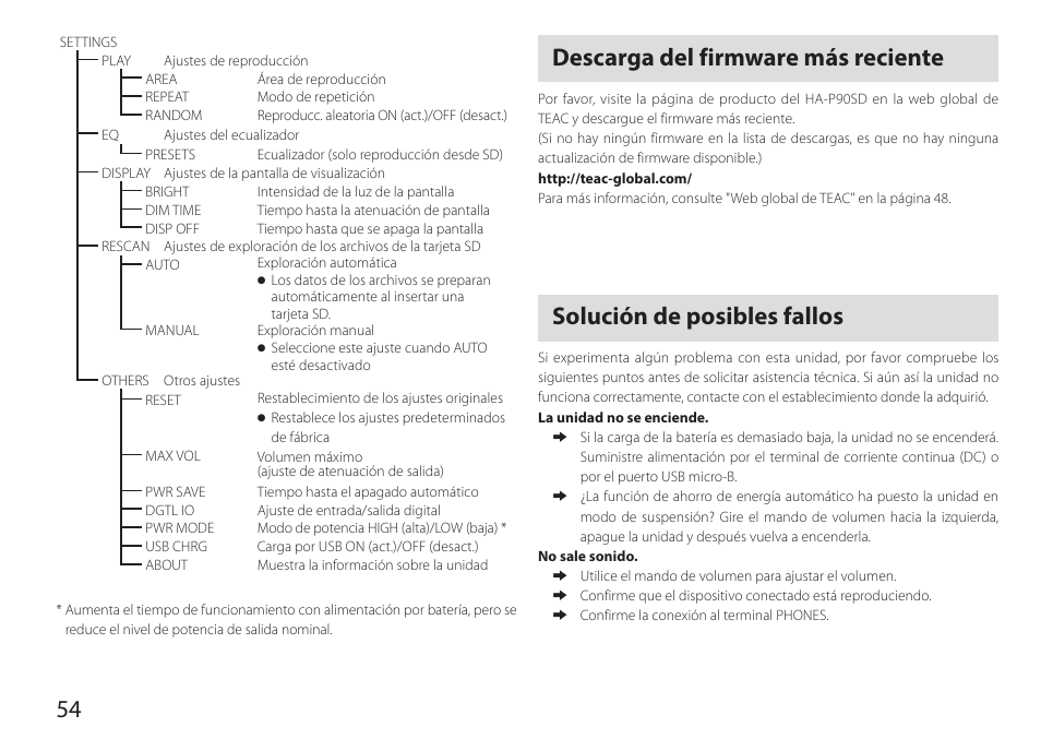 Descarga del firmware más reciente, Solución de posibles fallos | Teac HA-P90SD User Manual | Page 54 / 60