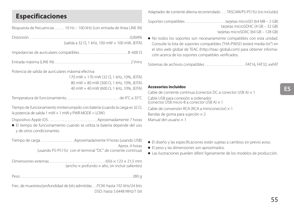 Especificaciones | Teac HA-P90SD User Manual | Page 55 / 60