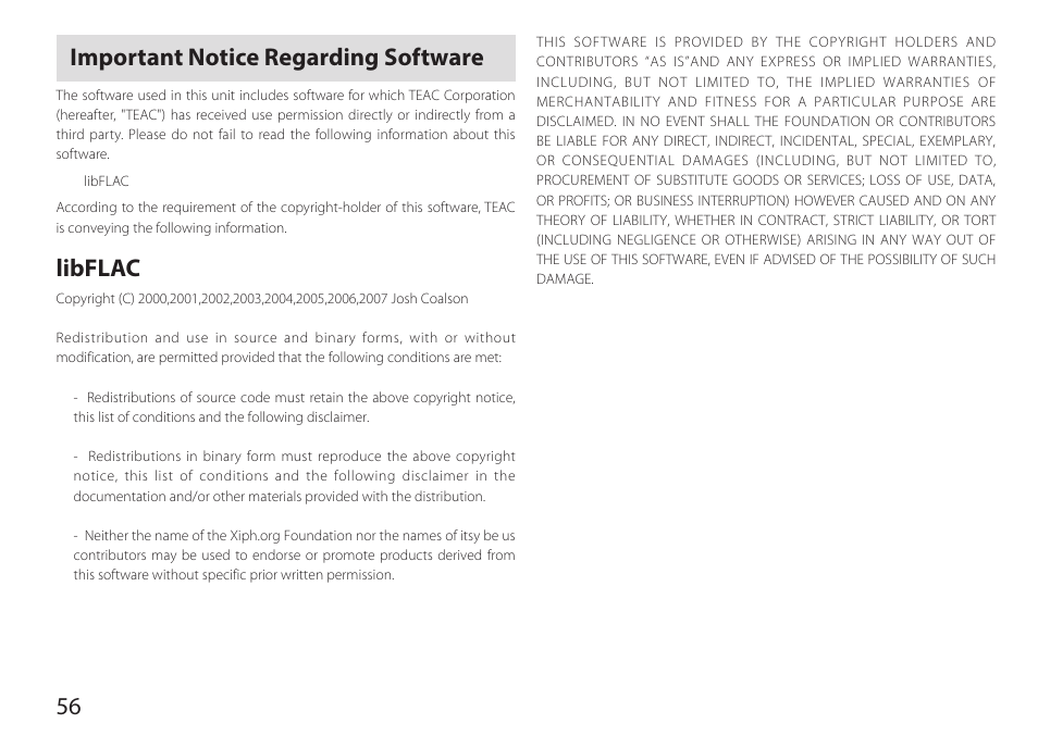 Important notice regarding software, 56 important notice regarding software, Libflac | Teac HA-P90SD User Manual | Page 56 / 60