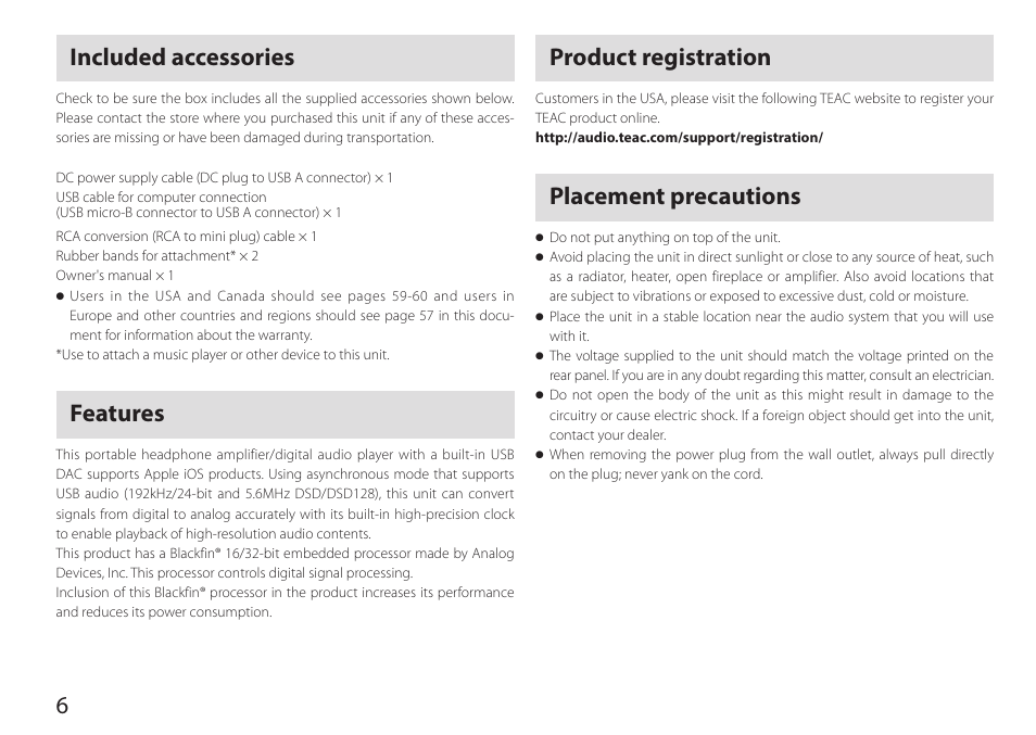 Included accessories, Features, Product registration | Placement precautions, 6product registration | Teac HA-P90SD User Manual | Page 6 / 60