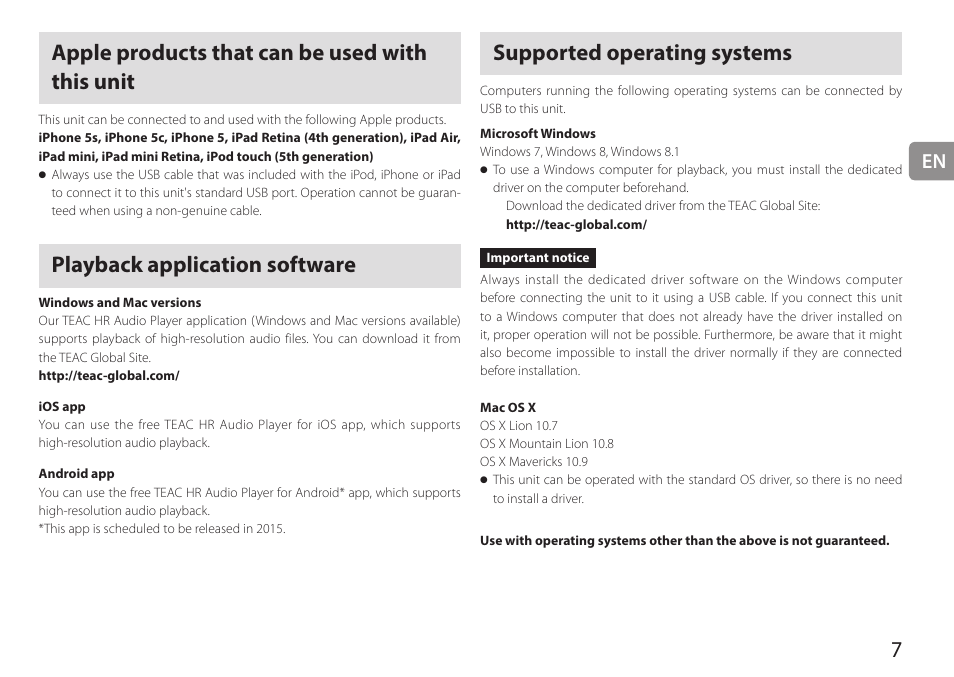 Apple products that can be used with this unit, Playback application software, Supported operating systems | Teac HA-P90SD User Manual | Page 7 / 60