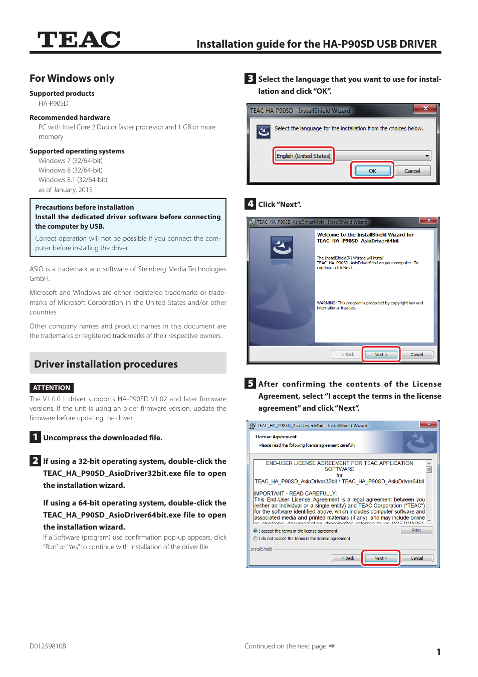 Teac HA-P90SD USB Driver Install Guide User Manual | 4 pages