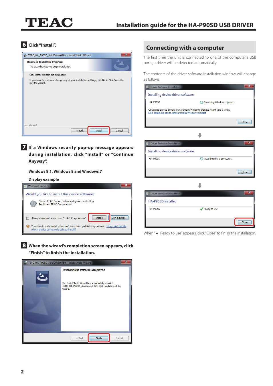 Connecting with a computer, Installation guide for the ha-p90sd usb driver | Teac HA-P90SD USB Driver Install Guide User Manual | Page 2 / 4