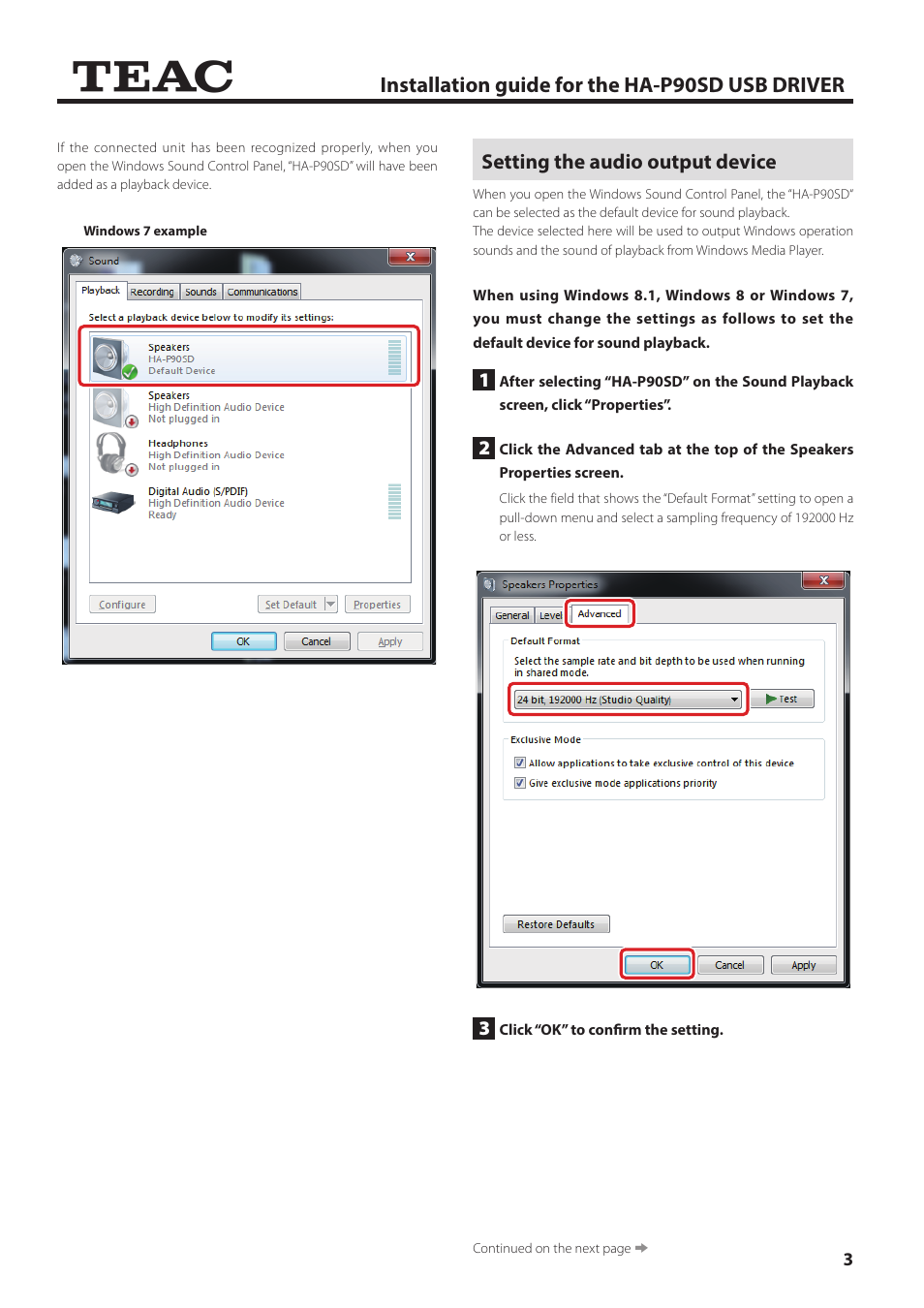 Setting the audio output device, Installation guide for the ha-p90sd usb driver | Teac HA-P90SD USB Driver Install Guide User Manual | Page 3 / 4