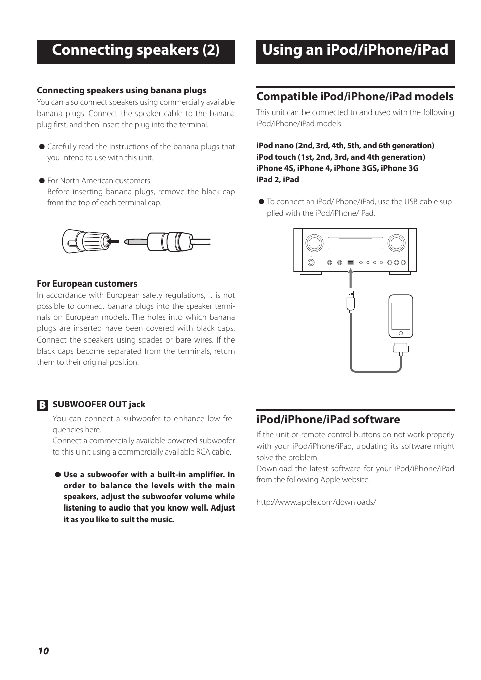 Connecting speakers (2), Using an ipod/iphone/ipad, Compatible ipod/iphone/ipad models | Ipod/iphone/ipad software | Teac NP-H750 User Manual | Page 10 / 176