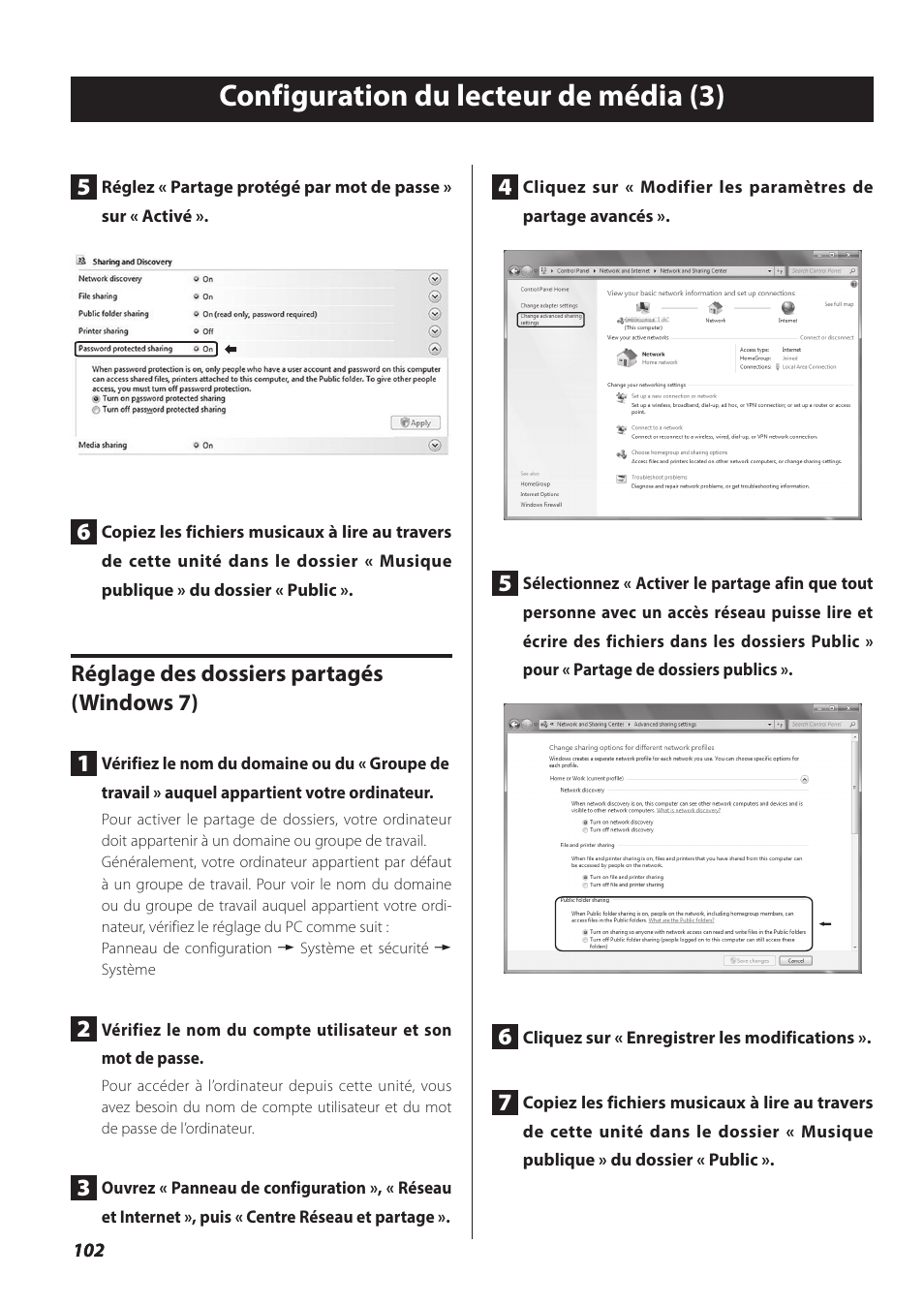 Configuration du lecteur de média (3), Réglage des dossiers partagés (windows 7) 1 | Teac NP-H750 User Manual | Page 102 / 176