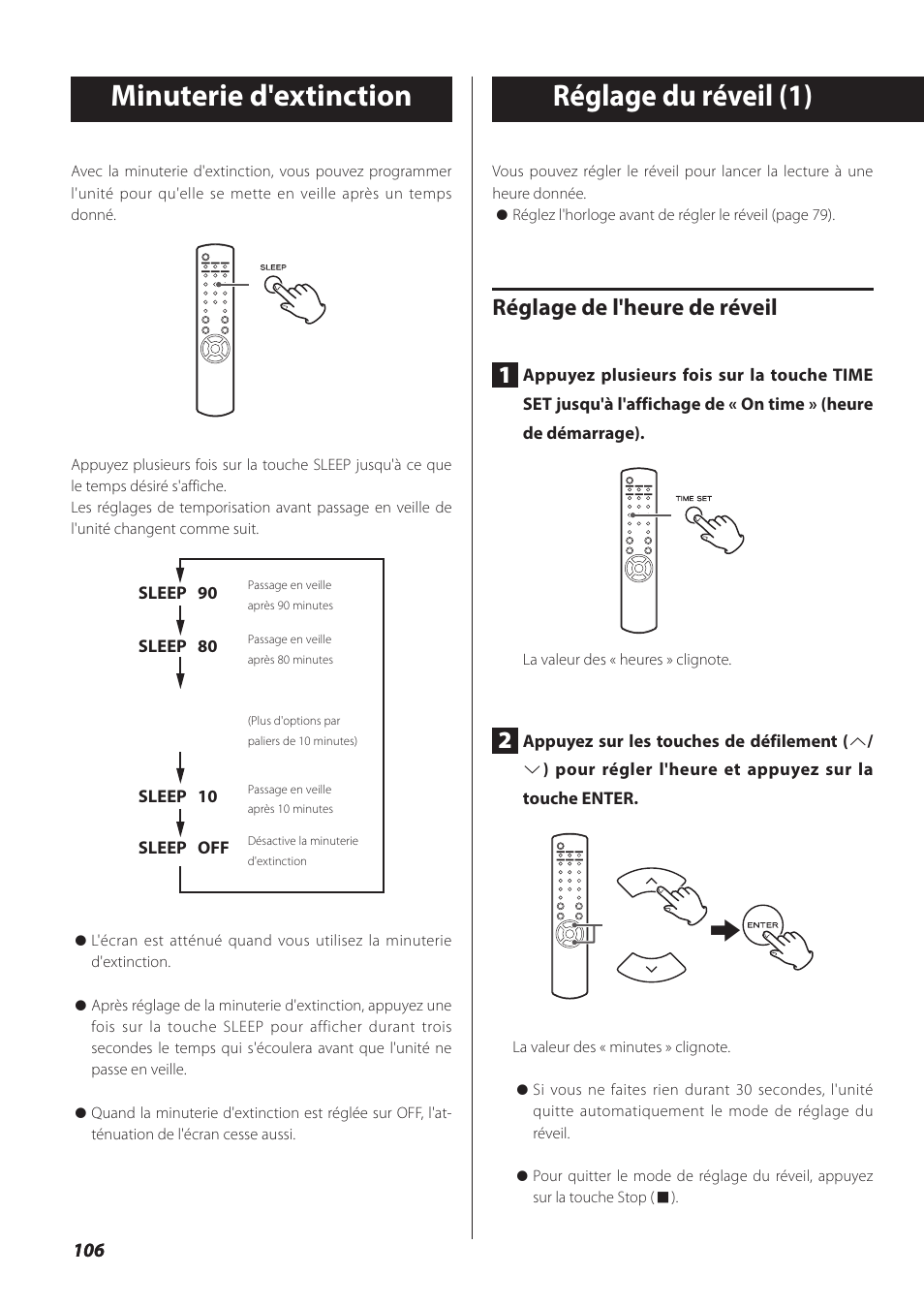 Minuterie d'extinction, Réglage du réveil, Minuterie d'extinction réglage du réveil | Réglage du réveil (1), Réglage de l'heure de réveil 1 | Teac NP-H750 User Manual | Page 106 / 176